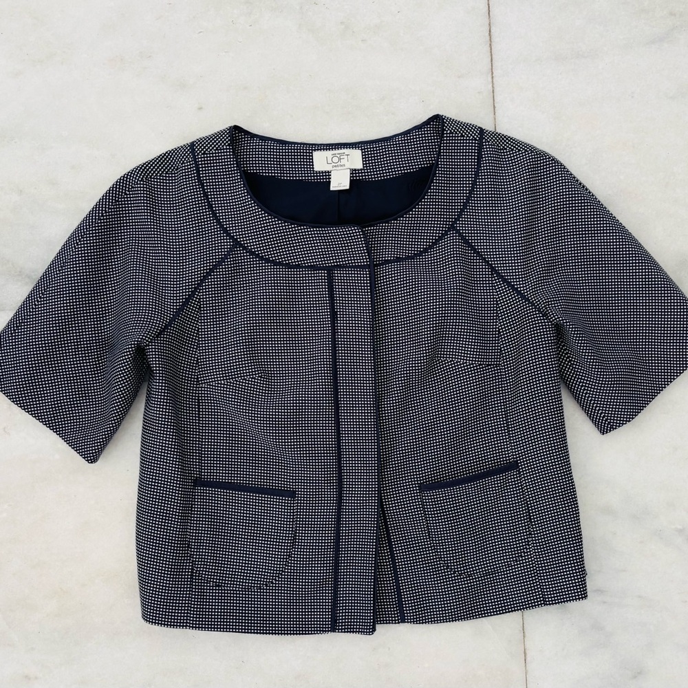 Vintage Ann Taylor LOFT Jacket Blue White Print Cotton Collarless Half Sleeve 2P